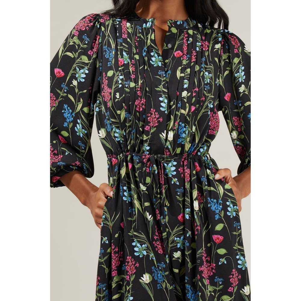 SUGARLIPS Madeline Groover Black  Floral Midi Dress Button Cinch Waist Large - Picture 2 of 9